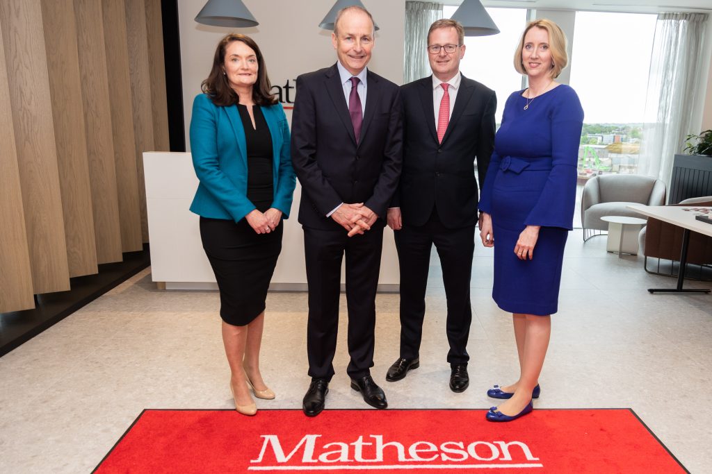 Gráinne Callanan, Head of Matheson Cork Office and partner in the Financial Institutions Group at Matheson, An Taoiseach Micheál Martin TD, Michael Jackson, Managing Partner of Matheson and Tara Doyle, Chairperson at Matheson and partner in the Asset Management and Investment Funds Group at Matheson at the official opening of the new Matheson Cork Office at Penrose Dock in the heart of Cork city centre.
Photo Darragh Kane