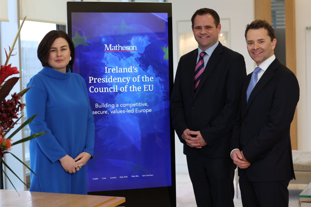 L-R: Claire Scannell, Head of Strategy, Planning and Communications, Matheson, Neale Richmond TD, Minister of State for International Development and Diaspora, and Darren Maher, Managing Partner, Matheson