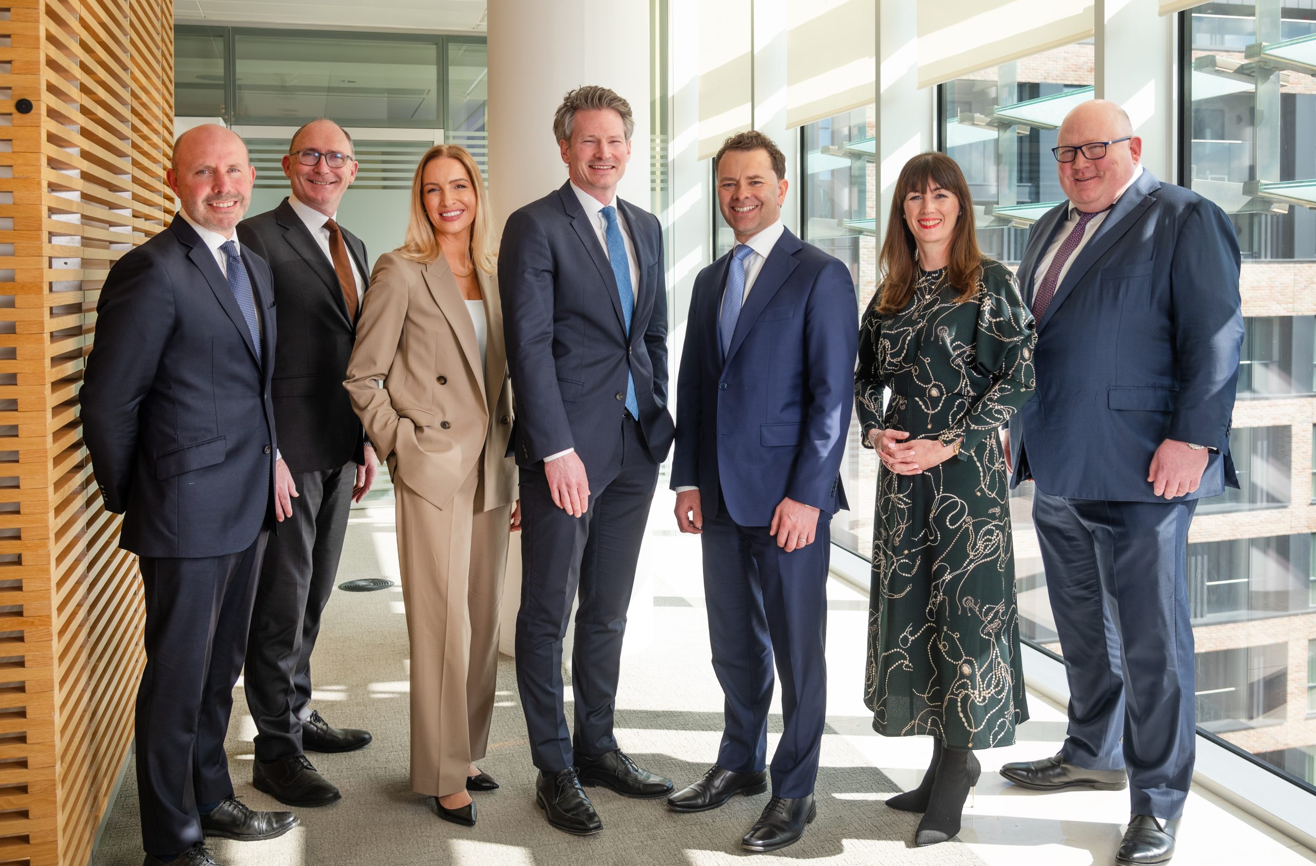 Image of Matheson's new appointments featuring: Christian Donagh, Co-Head of Finance and Capital Markets; Joe Beashel and Caroline Kearns, Co-Heads of Financial Institutions Group; Ciaran O’Boyle, partner, Financial Institutions Group; Darren Maher, Managing Partner; Maireadh Dale, Co-Head of Finance and Capital Markets; David Fitzgibbons, Head of Corporate.
